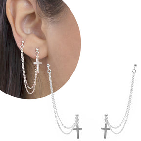 Brinco Ear Cuff Corrente Cruz Prata 925