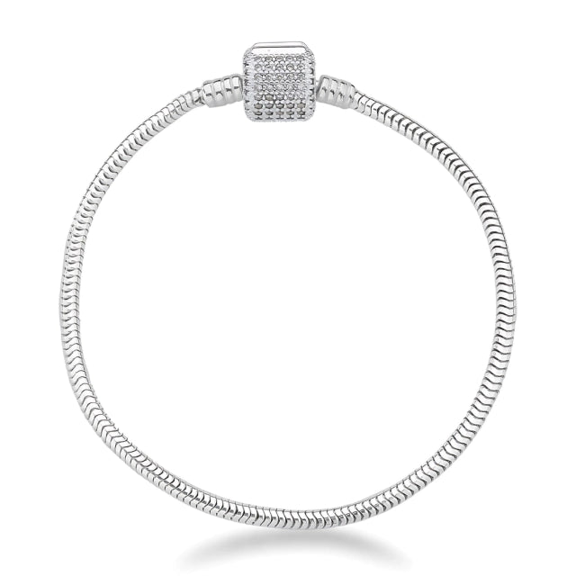 Pulseira Pandora Fecho Quadrado Arredondado Cravejado Prata 925